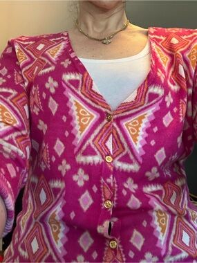 Tory Burch cardigan sweater v-neck logo buttons pink geometric design